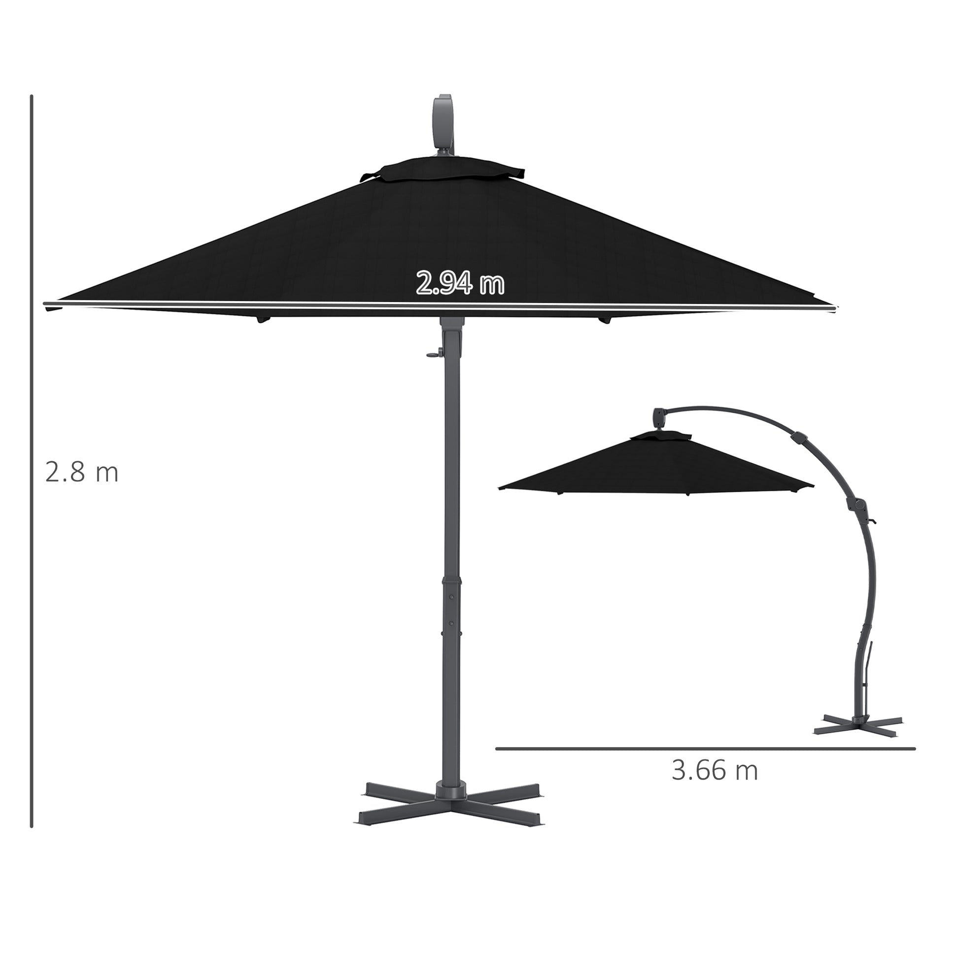 Outsunny 3(m) Garden Cantilever Parasol, Round Overhanging Umbrella with Crank Handle, Cross Base, Aluminium Frame and 360° Rotation, Banana Patio Umbrella for Outdoor Sun Shade, Black