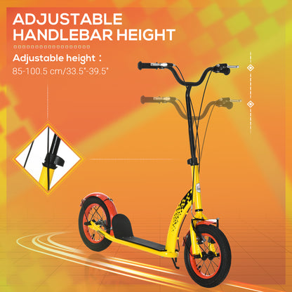 HOMCOM Kids Kick Scooter, w/ Adjustable Height, Front Rear Dual Brakes, 12 Inch Inflatable Rubber Wheels, for Ages 5+ Years - Yellow