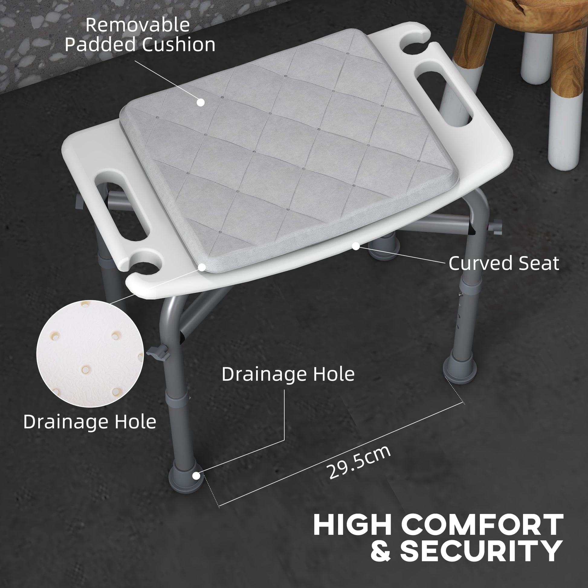 HOMCOM Aluminium Shower Stool for Elderly, Height Adjustable Shower Seat w/ Removable Padded Cushion, Shower Head Holder, Non-Slip Bath Stool