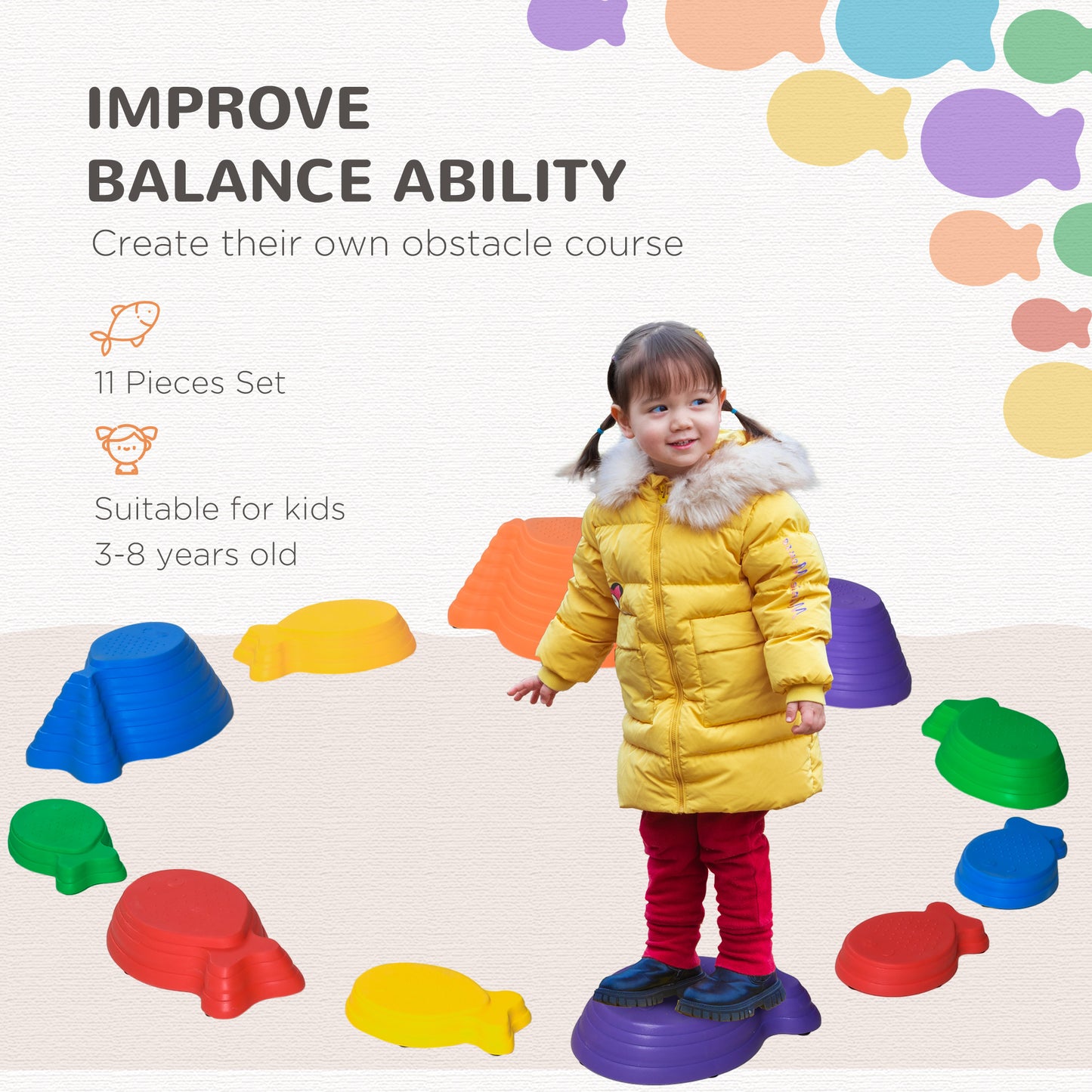 outsunny-kids-balance-stepping-stones-11-piece-fish-shape-non-slip-obstacle-course-stackable-balance-blocks-exercise-toddler-balance-multicoloured