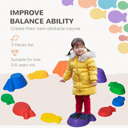 outsunny-kids-balance-stepping-stones-11-piece-fish-shape-non-slip-obstacle-course-stackable-balance-blocks-exercise-toddler-balance-multicoloured