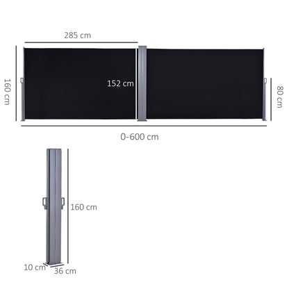 outsunny-6-x-1-6-m-double-canopy-pull-out-side-awning-sun-rain-outdoor-protection-w-steel-frame-retractable-garden-privacy-home-commercial-black