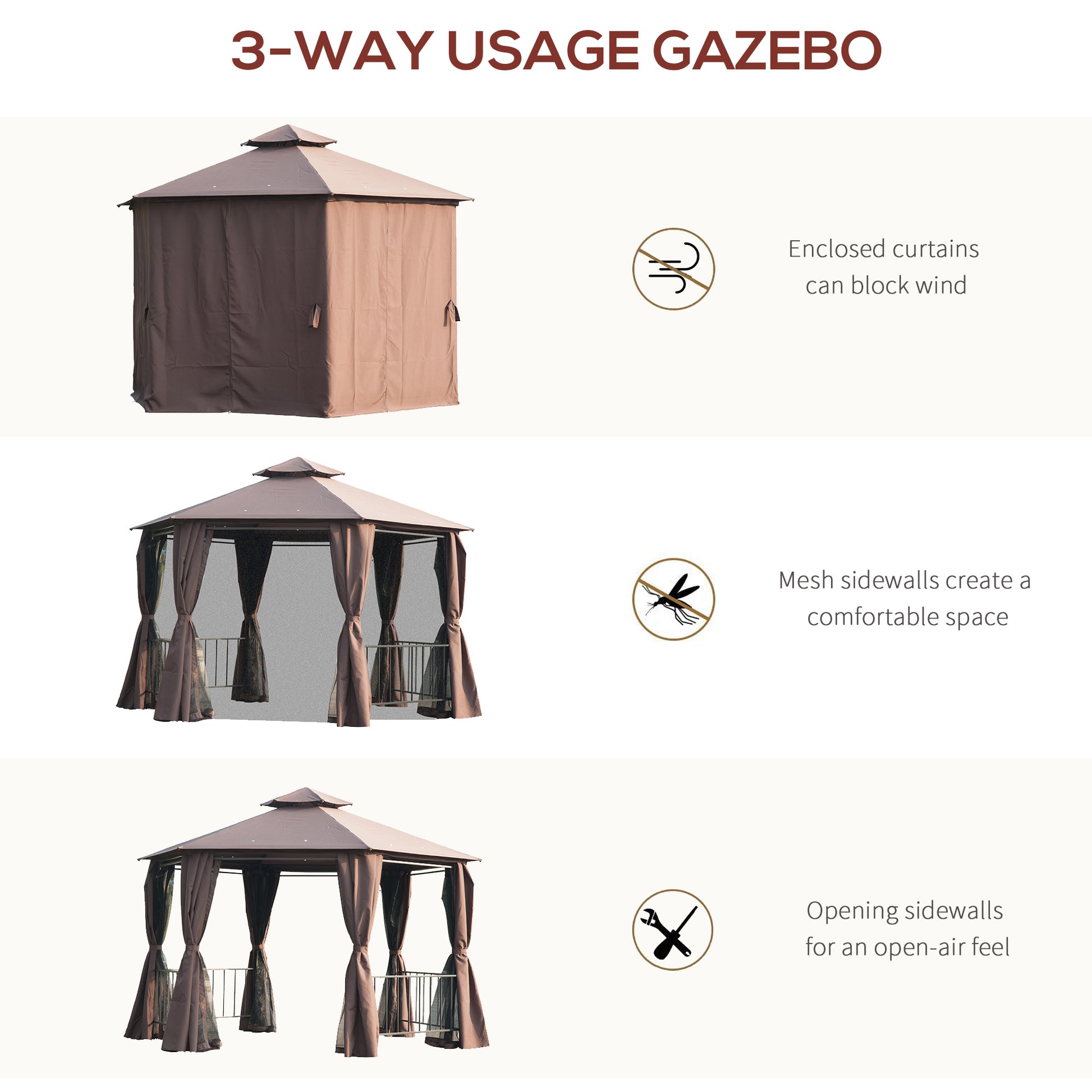 outsunny-hexagon-gazebo-patio-canopy-party-tent-outdoor-garden-shelter-w-2-tier-roof-side-panel-brown