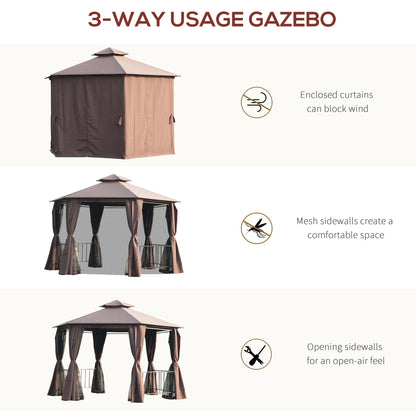 outsunny-hexagon-gazebo-patio-canopy-party-tent-outdoor-garden-shelter-w-2-tier-roof-side-panel-brown
