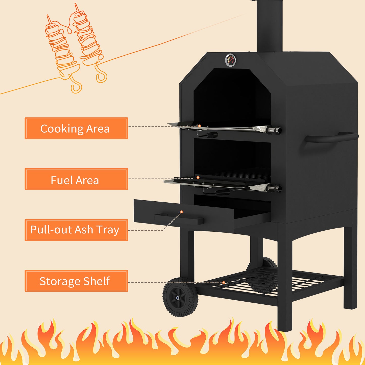 outsunny-steel-3-tier-outdoor-pizza-oven-charcoal-bbq-grill-black