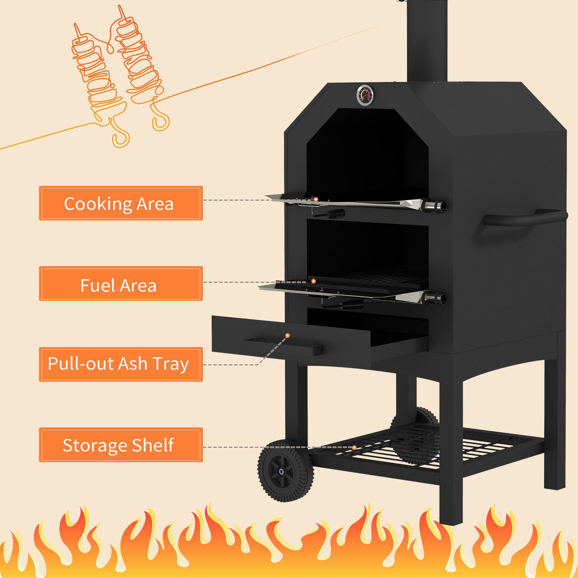 outsunny-steel-3-tier-outdoor-pizza-oven-charcoal-bbq-grill-black