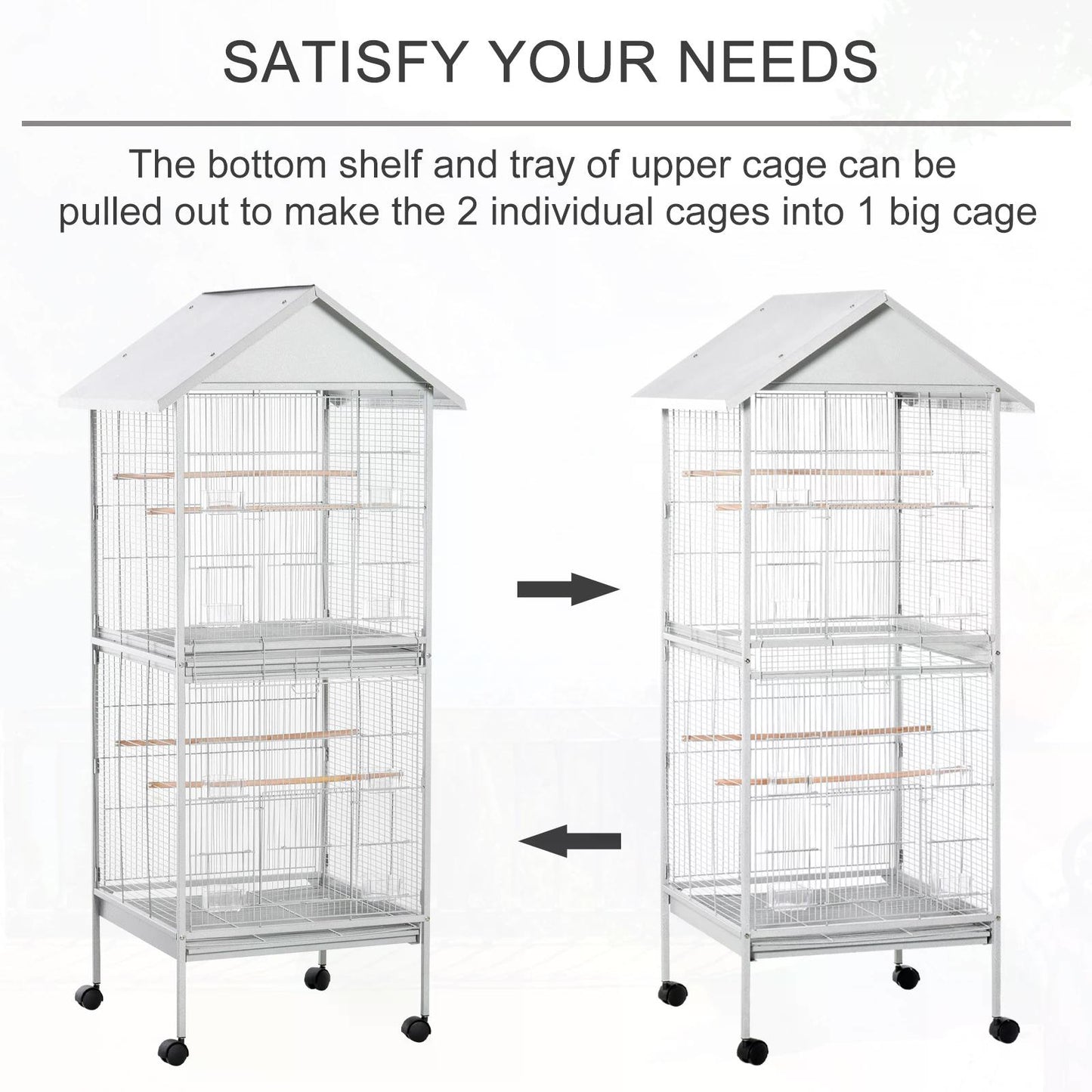 PawHut 170cm Metal Bird Cage Parrot Cage Mobile Feeder with Rolling Stand Perches Food Containers Doors Wheels White