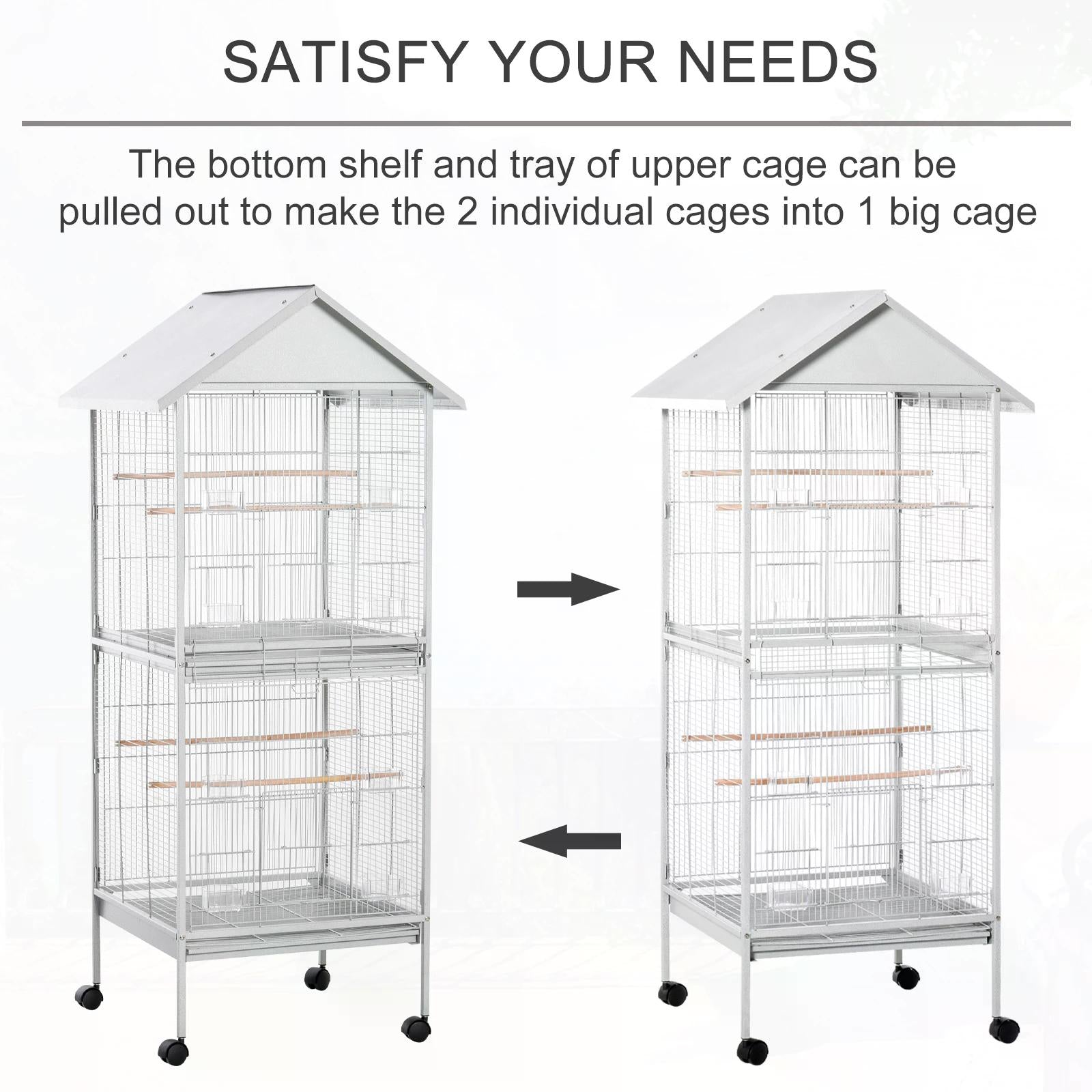 PawHut 170cm Metal Bird Cage Parrot Cage Mobile Feeder with Rolling Stand Perches Food Containers Doors Wheels White