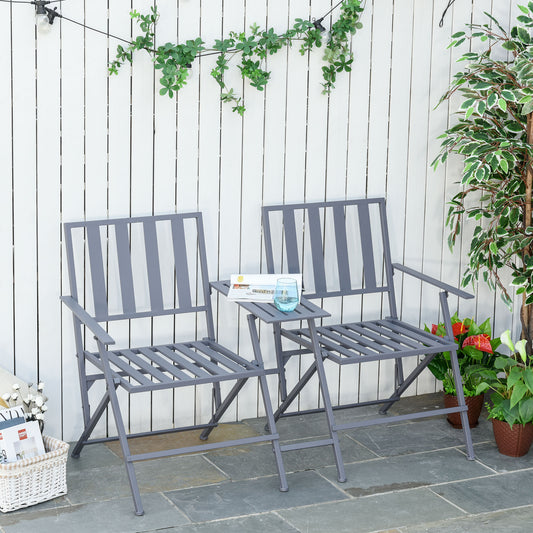 outsunny-folding-steel-double-seat-garden-loveseat-bench-patio-chair-w-table-companion-slatted-garden-patio-outdoor-balcony-furniture-grey