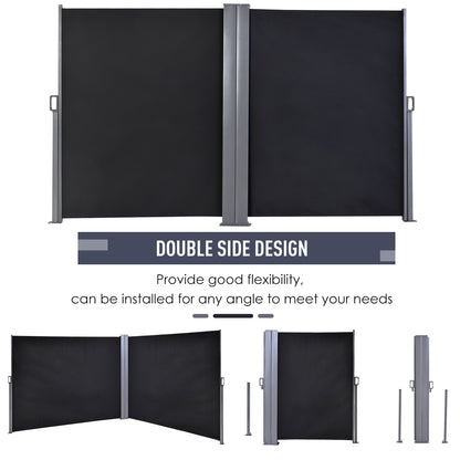 outsunny-6-x-1-6-m-double-canopy-pull-out-side-awning-sun-rain-outdoor-protection-w-steel-frame-retractable-garden-privacy-home-commercial-dark-grey