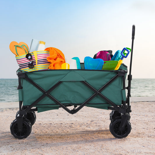 outsunny-outdoor-pull-along-cart-folding-cargo-wagon-trailer-trolley-for-beach-garden-use-with-telescopic-handle-anti-slip-wheel-green
