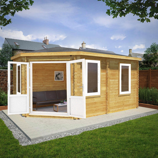 5M X 3M Corner Lodge Log Cabin - 44Mm (Upvc Windows & Door) - White