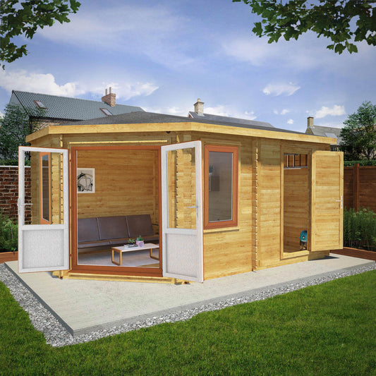 5M X 3M Corner Lodge Log Cabin With Side Shed - 44Mm (Upvc Windows & Door) - Oak