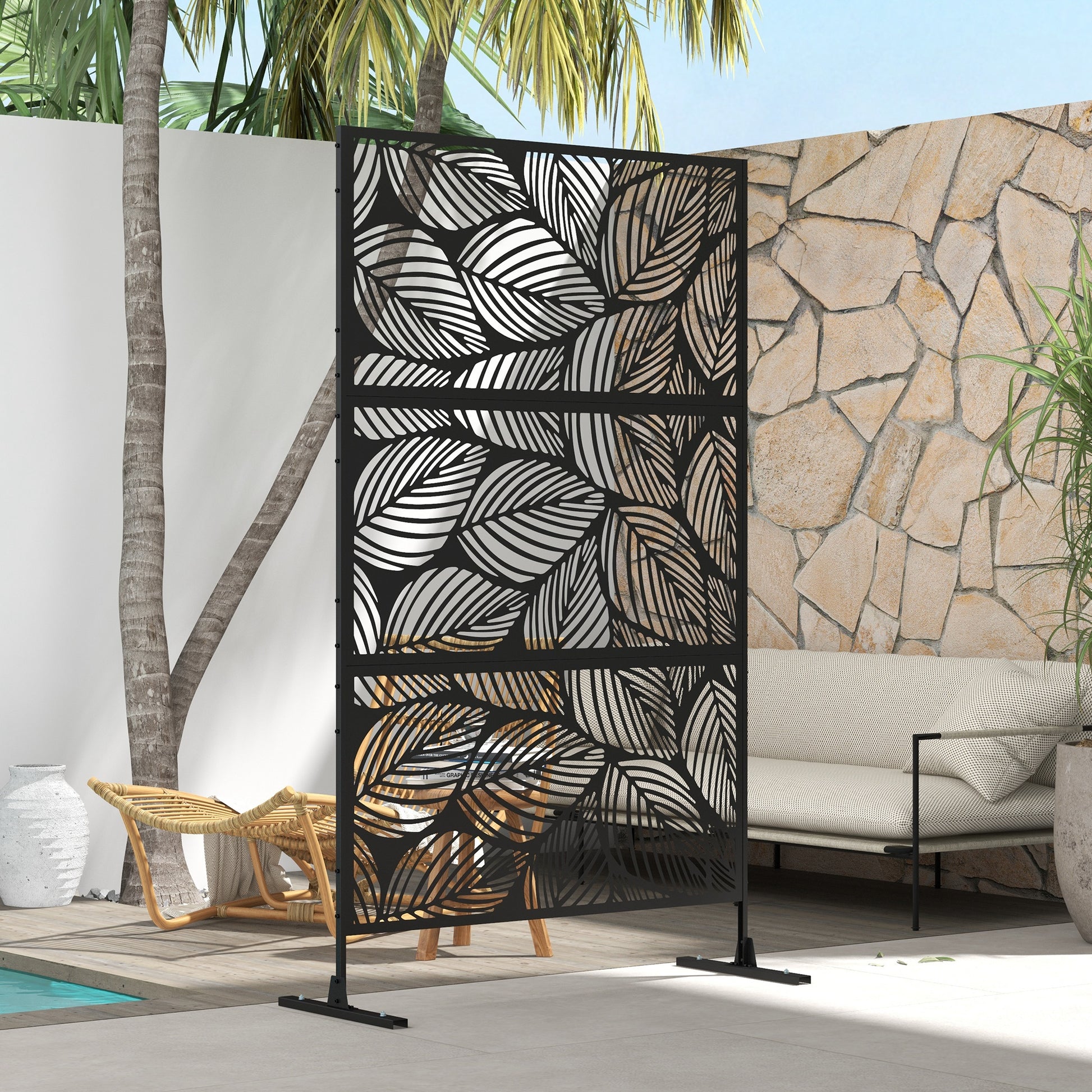outsunny-metal-decorative-privacy-screen-outdoor-divider-black-leaf