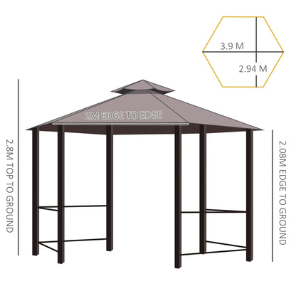 outsunny-hexagon-gazebo-patio-canopy-party-tent-outdoor-garden-shelter-w-2-tier-roof-side-panel-brown