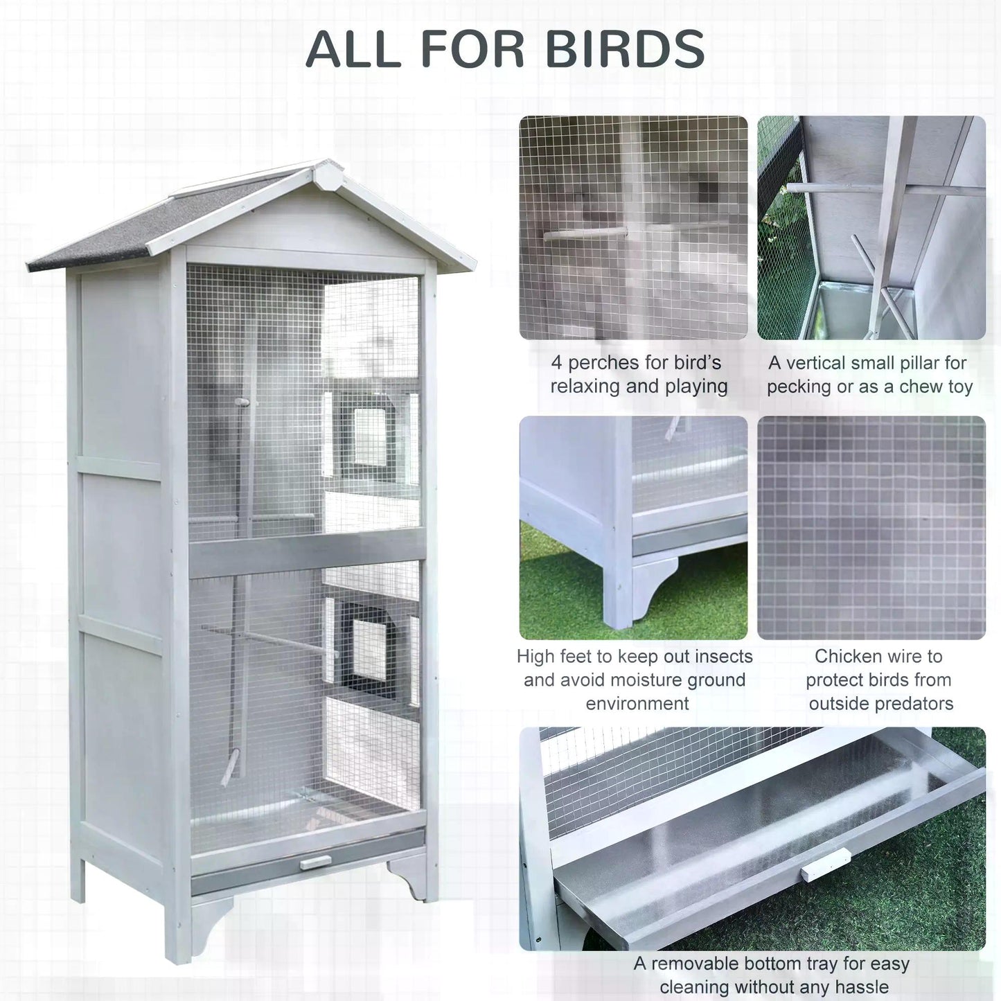 PawHut Wooden Outdoor Bird Cage, Featuring a Large Play House with Removable Bottom Tray 4 Perch