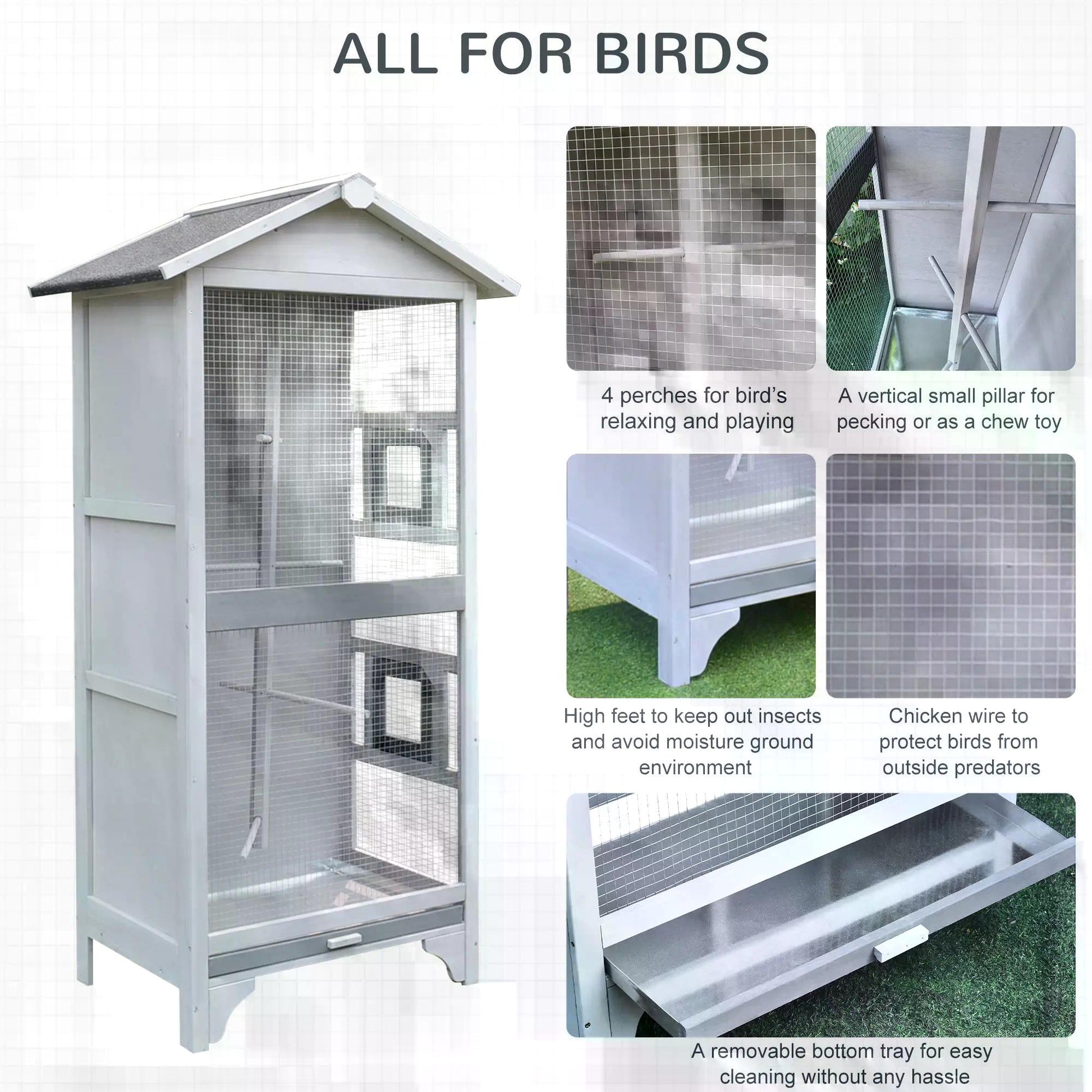 PawHut Wooden Outdoor Bird Cage, Featuring a Large Play House with Removable Bottom Tray 4 Perch
