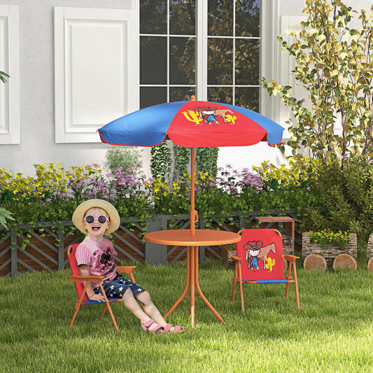 outsunny-kids-picnic-table-and-chair-set-cowboy-themed-outdoor-garden-furniture-w-foldable-chairs-adjustable-parasol
