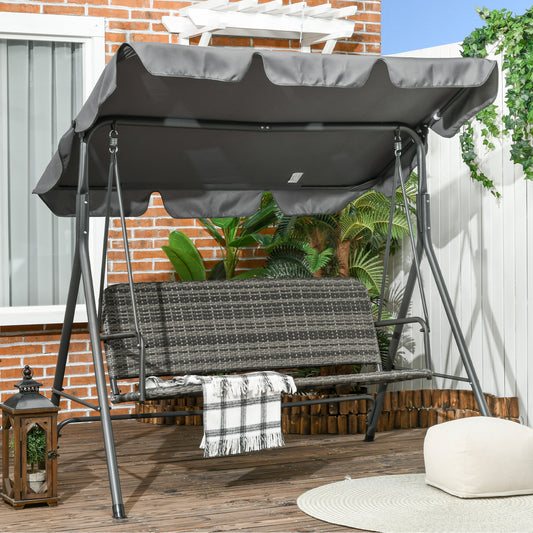 outsunny-3-person-outdoor-pe-rattan-swing-chair-patio-wicker-hanging-swing-bench-with-steel-frame-stand-adjustable-canopy-grey