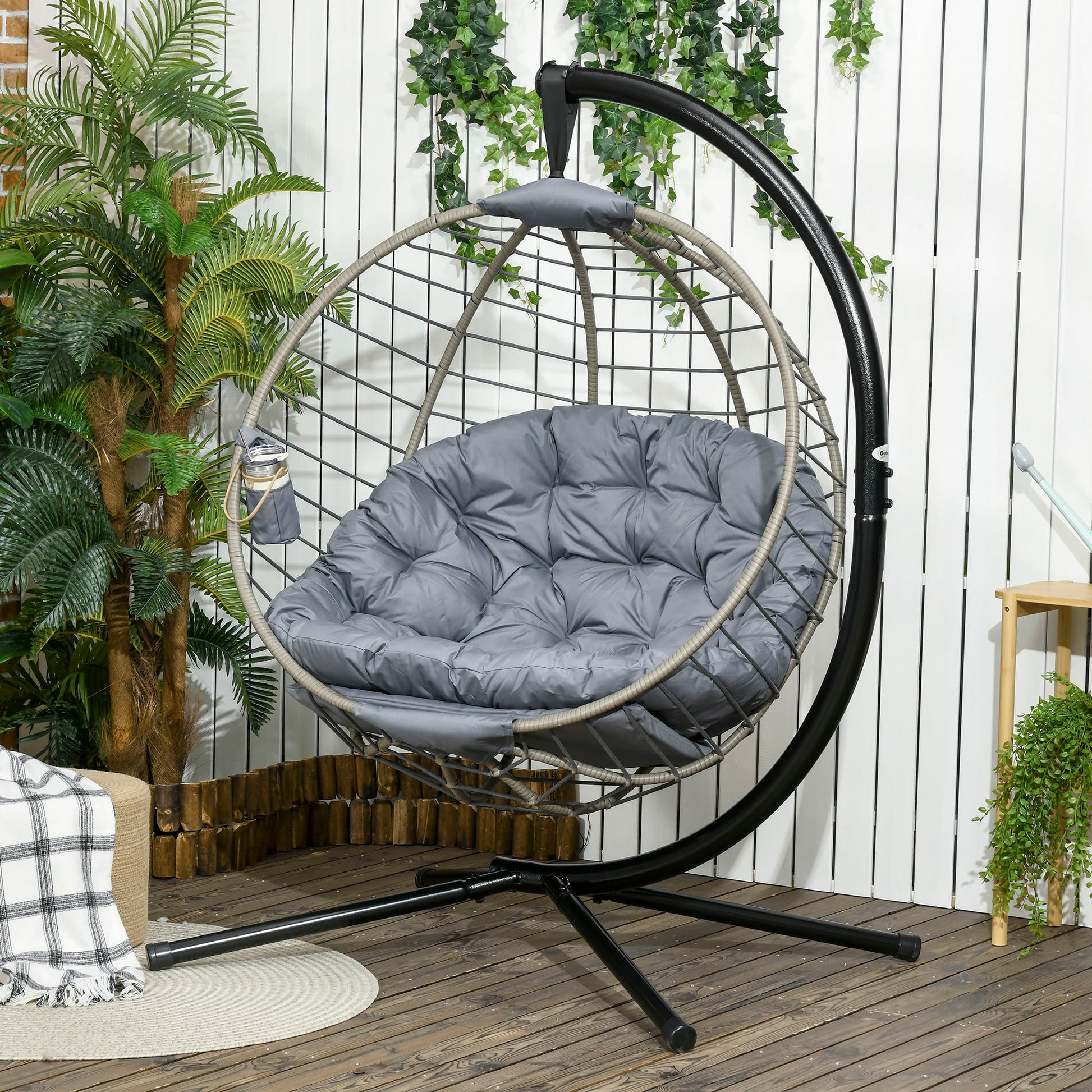 outsunny-pe-rattan-swing-chair-outdoor-hanging-chair-with-metal-stand-thick-padded-cushion-foldable-basket-and-cup-holder-for-indoor-outdoor-grey