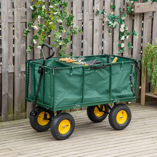 outsunny-large-4-wheel-heavy-duty-garden-trolley-cart-wheelbarrow-with-handle-and-metal-frame-green