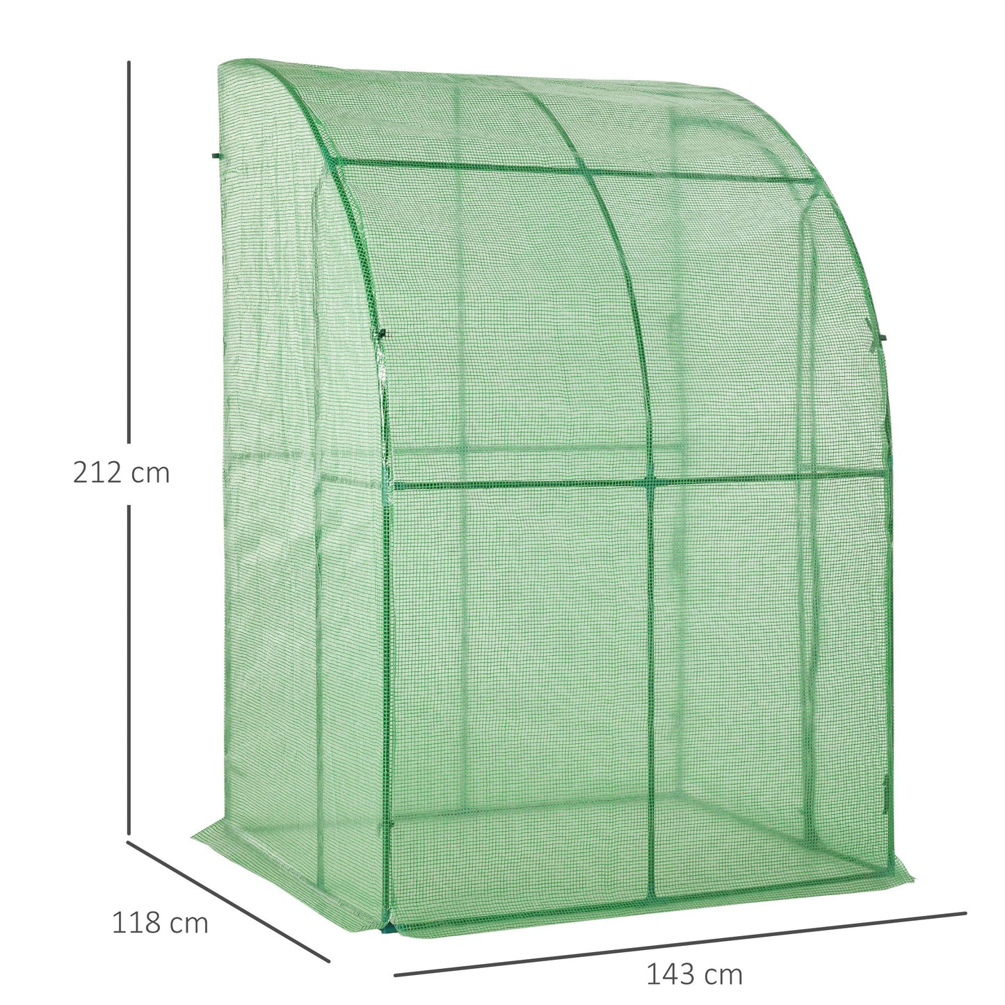 outsunny-walk-in-greenhouse-lean-to-wall-tunnel-greenhouse-with-zippered-roll-up-door-pe-cover-and-steel-frame-for-garden-143-x-118-x-212-cm