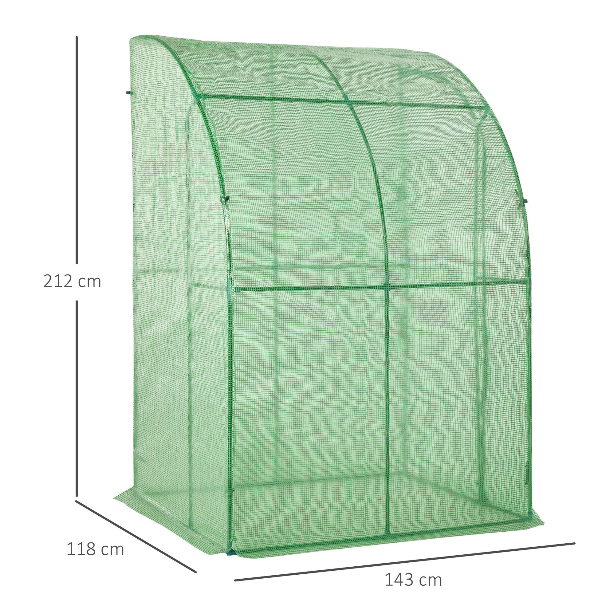 outsunny-walk-in-greenhouse-lean-to-wall-tunnel-greenhouse-with-zippered-roll-up-door-pe-cover-and-steel-frame-for-garden-143-x-118-x-212-cm