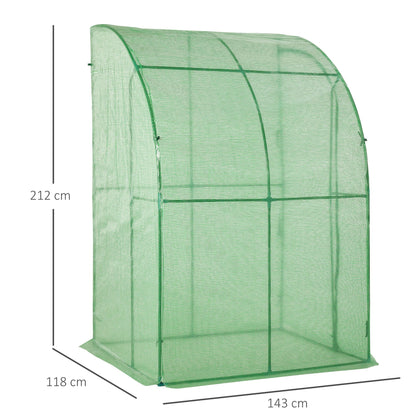 outsunny-walk-in-greenhouse-lean-to-wall-tunnel-greenhouse-with-zippered-roll-up-door-pe-cover-and-steel-frame-for-garden-143-x-118-x-212-cm