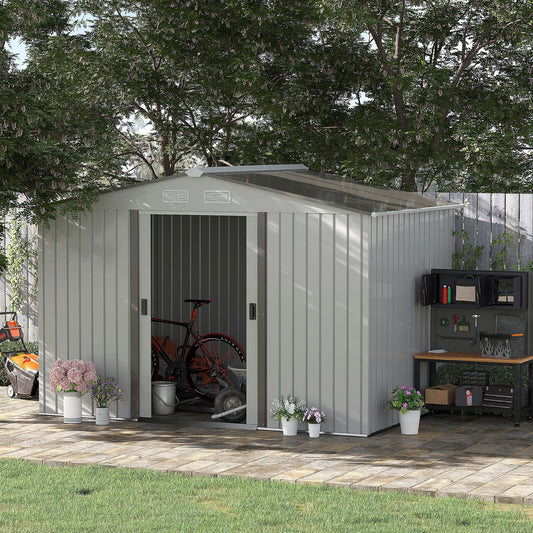 outsunny-9-x-6ft-garden-storage-shed-metal-outdoor-storage-shed-house-with-floor-foundation-ventilation-doors-grey