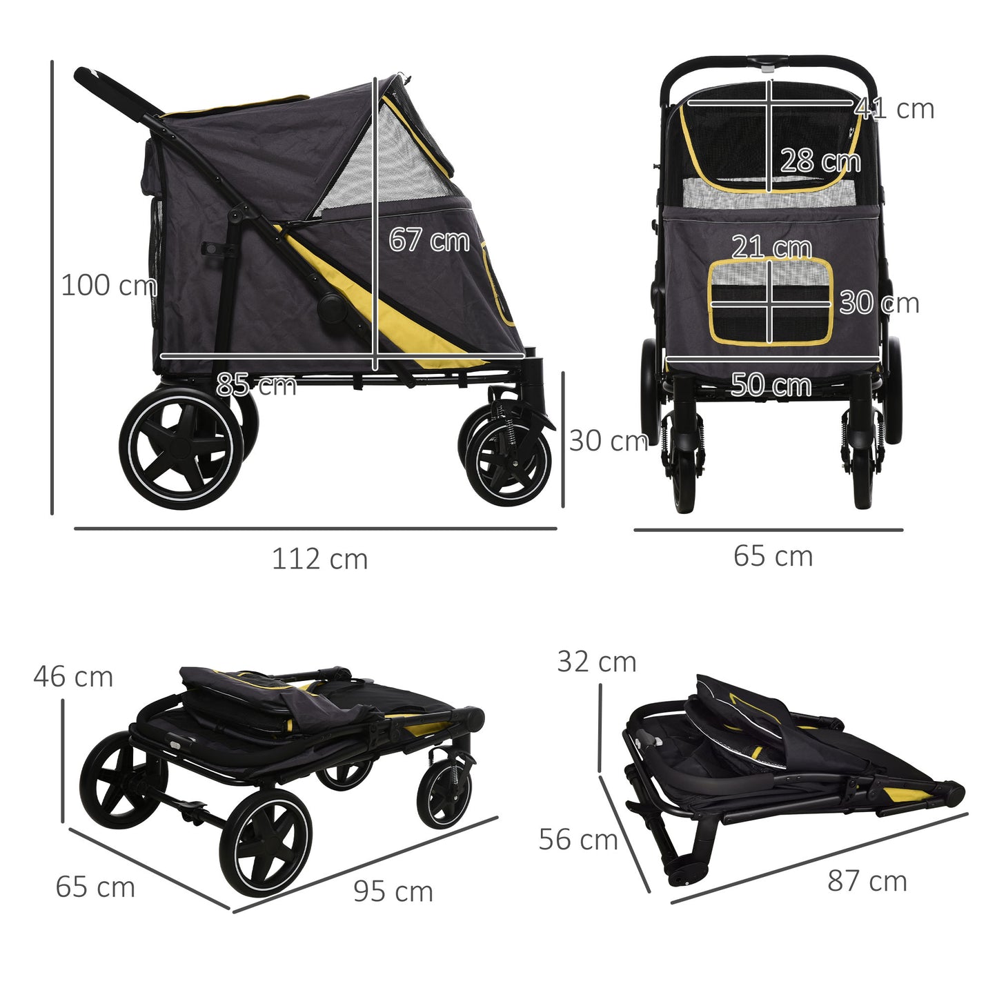 PawHut Pet Stroller with Universal Front Wheels, Shock Absorber, One Click Foldable Dog Cat Carriage with Brakes, Storage Bags, Mesh Window Dark Grey