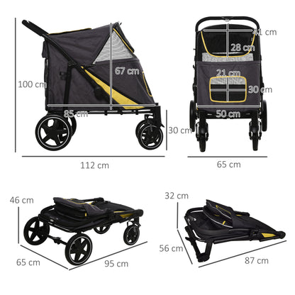 PawHut Pet Stroller with Universal Front Wheels, Shock Absorber, One Click Foldable Dog Cat Carriage with Brakes, Storage Bags, Mesh Window Dark Grey