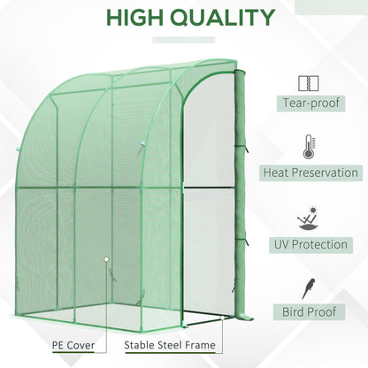 outsunny-walk-in-greenhouse-lean-to-wall-tunnel-greenhouse-with-zippered-roll-up-door-pe-cover-and-steel-frame-for-garden-143-x-118-x-212-cm