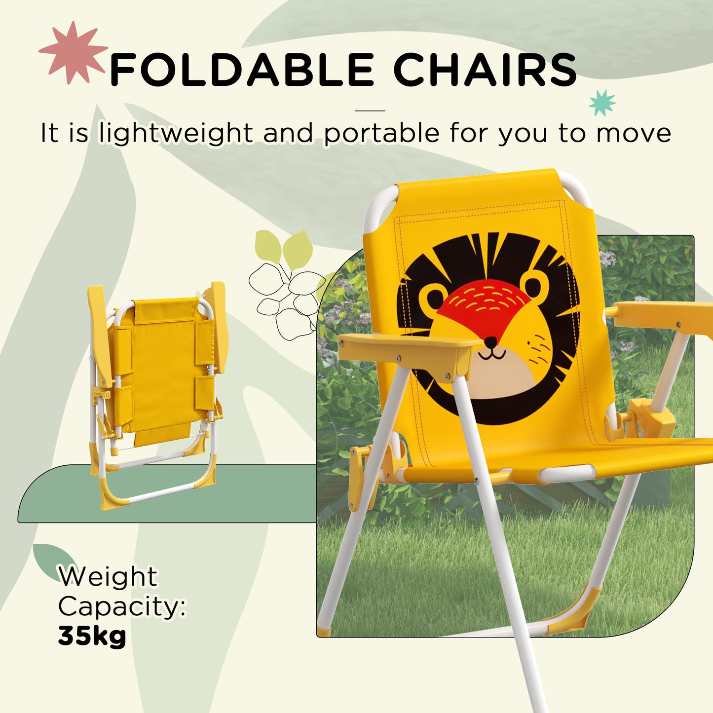 outsunny-kids-picnic-table-and-chair-set-lion-themed-outdoor-garden-furniture-w-foldable-chairs-adjustable-parasol-yellow