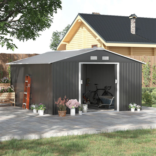 outsunny-13-x-11ft-foundation-ventilation-steel-outdoor-garden-shed-grey