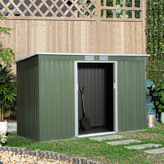 outsunny-9-x-4-5-ft-pent-roof-metal-garden-storage-shed-corrugated-steel-tool-box-with-foundation-ventilation-doors-light-green