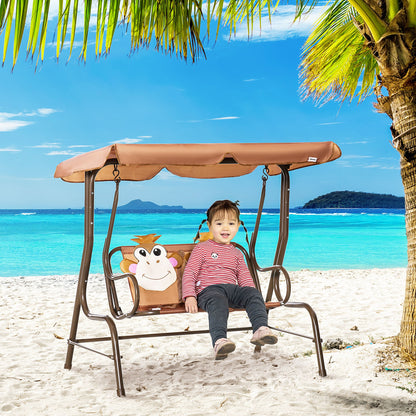 outsunny-2-seat-kids-canopy-swing-children-outdoor-patio-lounge-chair-for-garden-porch-with-adjustable-awning-seat-belt-monkey-pattern-coffee