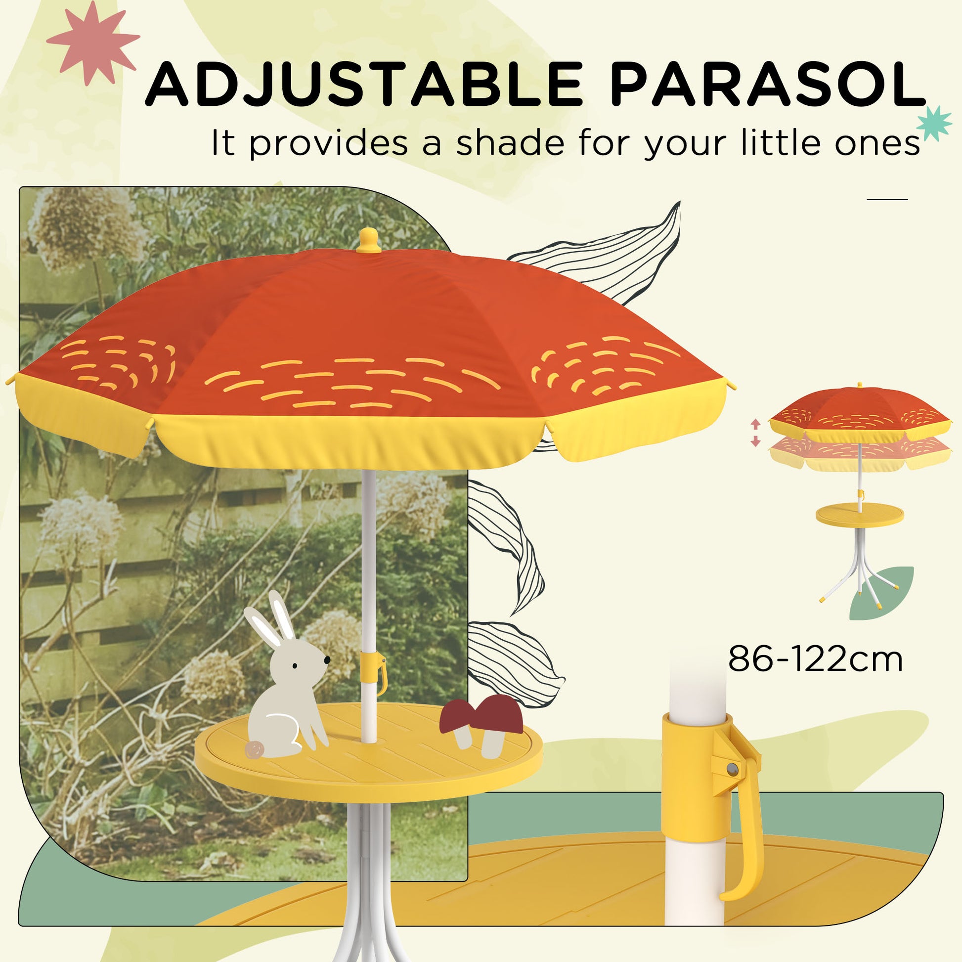 outsunny-kids-picnic-table-and-chair-set-lion-themed-outdoor-garden-furniture-w-foldable-chairs-adjustable-parasol-yellow