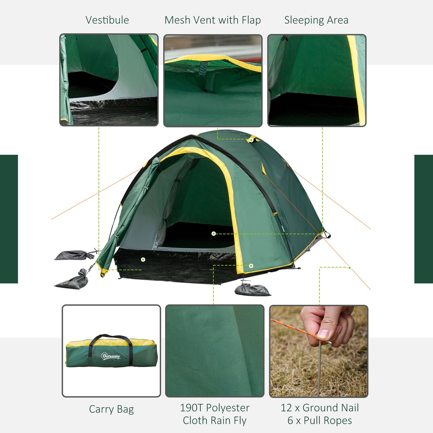 outsunny-dome-tent-for-2-person-camping-tent-with-large-windows-waterproof-green-and-yellow