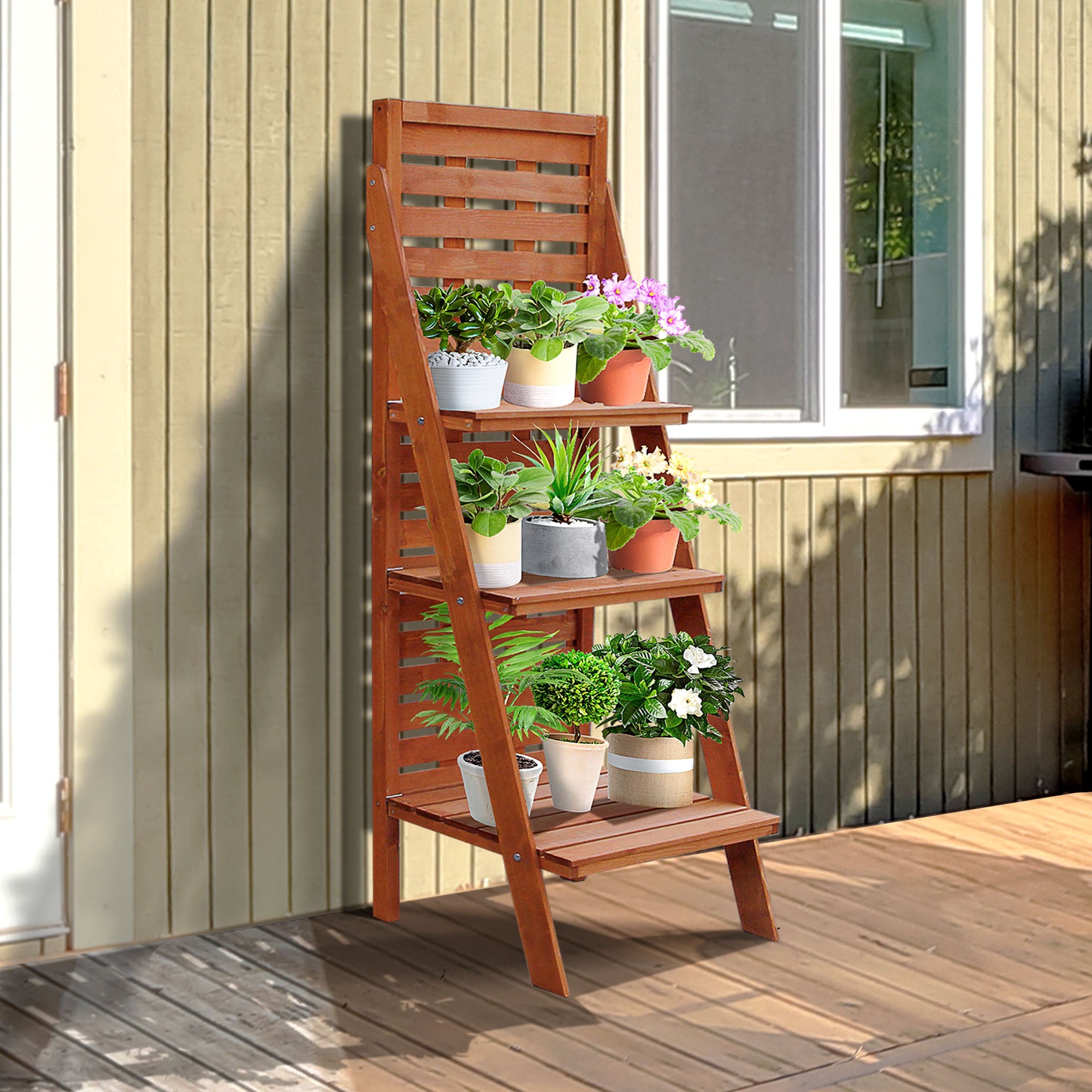 Outsunny Solid Wood Three-Tier Plant Rack Outdoor Organiser Unit Flowe ...