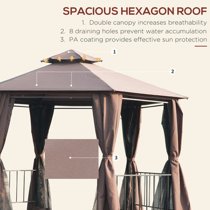 outsunny-hexagon-gazebo-patio-canopy-party-tent-outdoor-garden-shelter-w-2-tier-roof-side-panel-brown