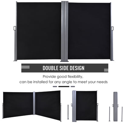 outsunny-6-x-1-6-m-double-canopy-pull-out-side-awning-sun-rain-outdoor-protection-w-steel-frame-retractable-garden-privacy-home-commercial-black