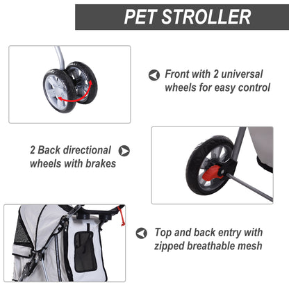 PawHut Dog Pram Pet Stroller Dog Pushchair Foldable Travel Carriage with Wheels Zipper Entry Cup Holder Storage Basket Grey