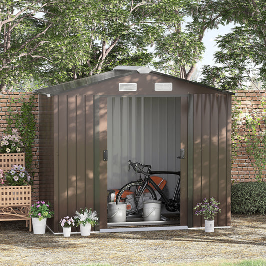outsunny-7ft-x-4ft-lockable-garden-metal-storage-shed-large-patio-roofed-tool-storage-building-foundation-sheds-box-outdoor-furniture-brown