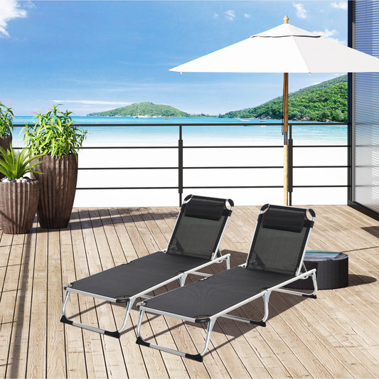 outsunny-2-pieces-foldable-sun-lounger-with-pillow-5-level-adjustable-reclining-lounge-chair-aluminium-frame-camping-bed-cot-black