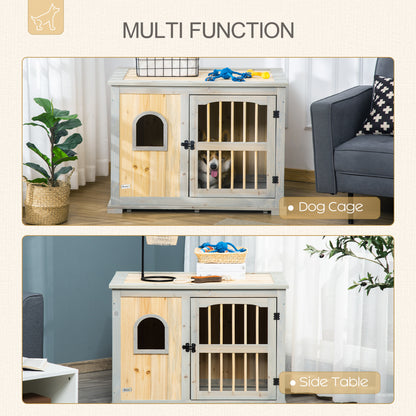 PawHut Wooden Dog Crate, End Table w/ Lockable Door and Window for Small and Medium Dog, Grey and Yellow, 95 x 65.5 x 70.5cm