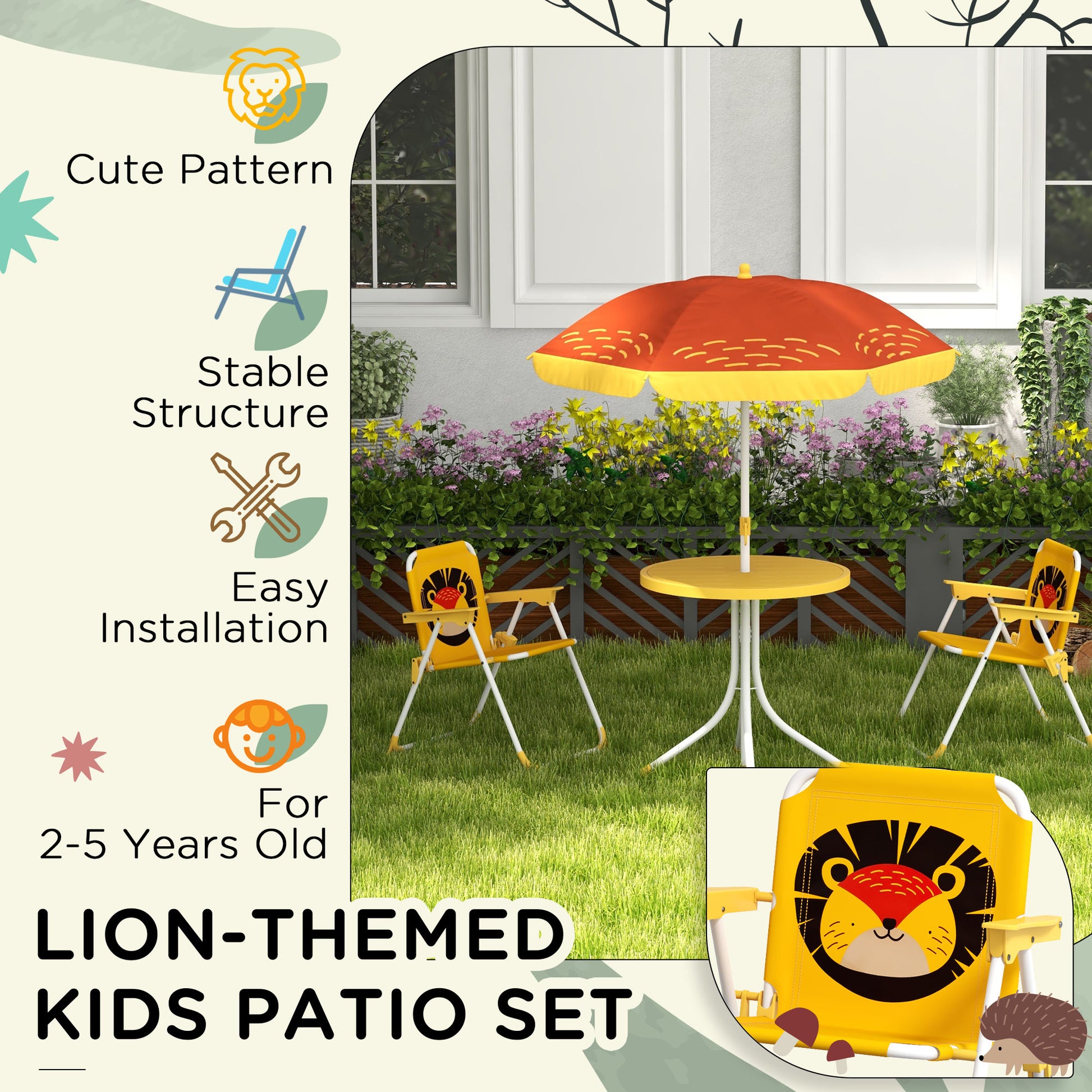 outsunny-kids-picnic-table-and-chair-set-lion-themed-outdoor-garden-furniture-w-foldable-chairs-adjustable-parasol-yellow