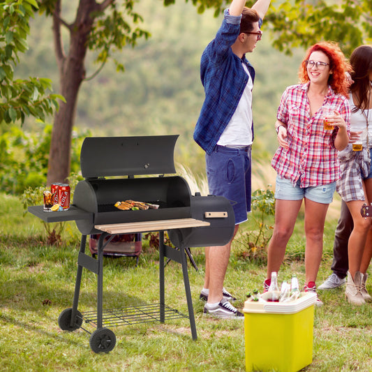 outsunny-charcoal-barbecue-grill-garden-portable-bbq-trolley-w-offset-smoker-combo-handy-shelves-and-on-lid-thermometer