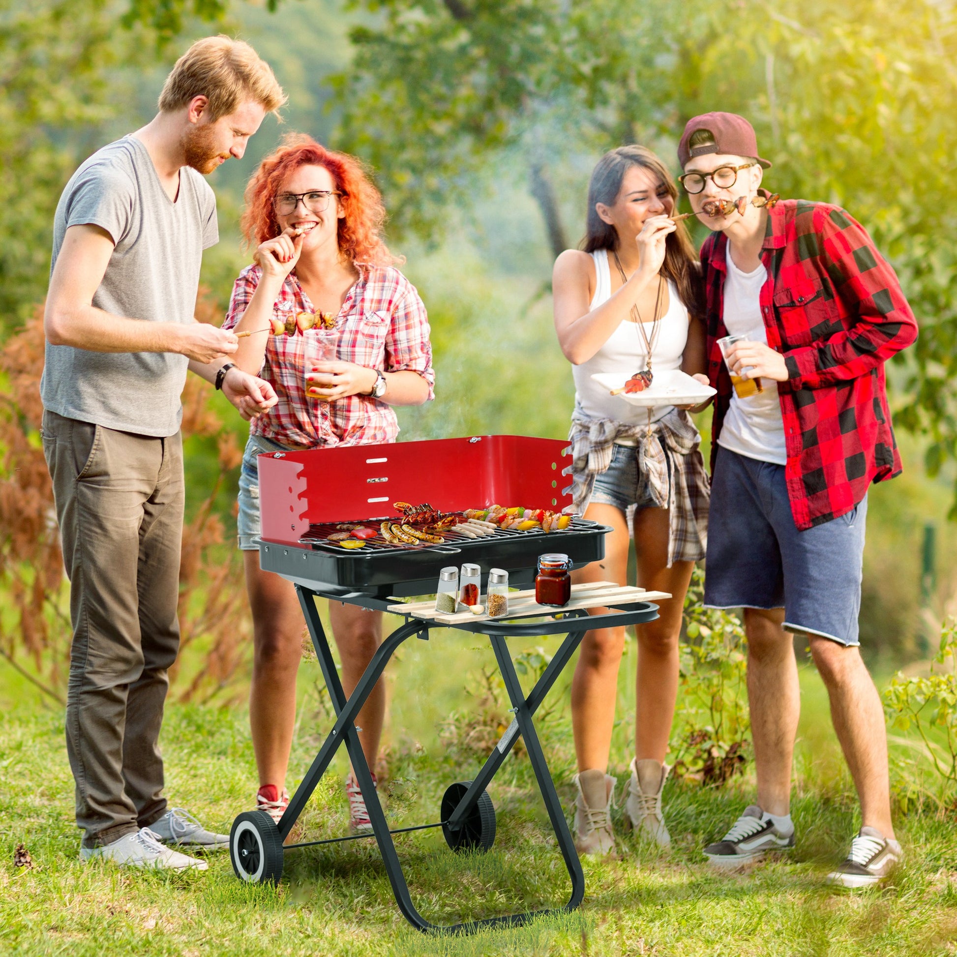 outsunny-bbq-grill-charcoal-barbecue-grill-garden-foldable-bbq-trolley-w-windshield-wheels-side-trays-red-black