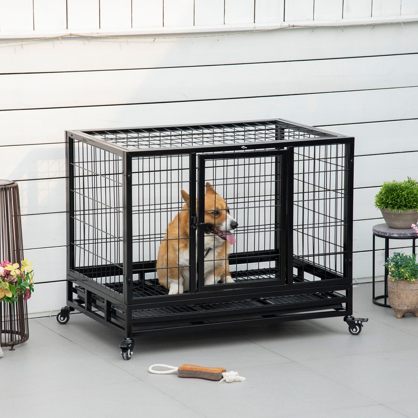 PawHut 38" Heavy Duty Metal Dog Kennel Pet Cage with Crate Tray and Wheels - Black (Medium)