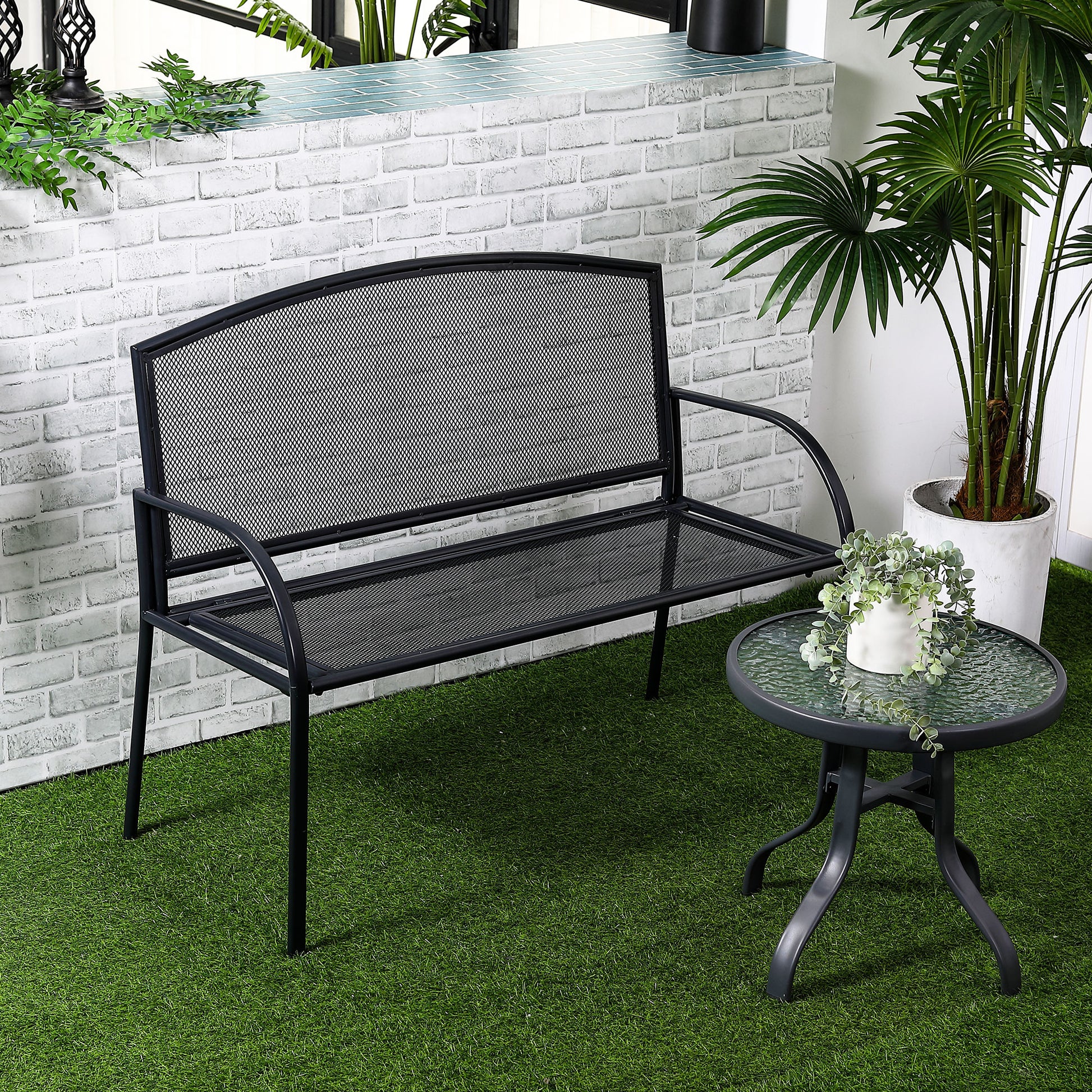 outsunny-metal-outdoor-bench-2-seater-outdoor-furniture-chair-loveseat-for-patio-park-porch-and-lawn-grey